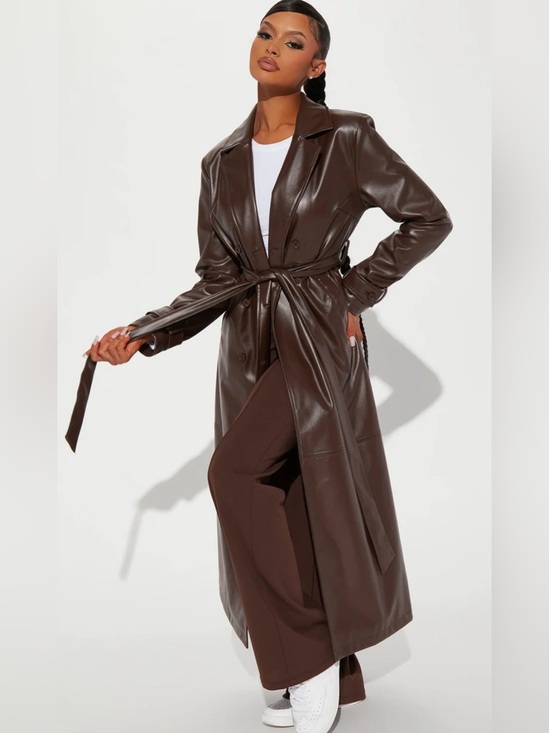 Fashion Nova Jackets & Blazers - Fashion Nova Brown Faux Leather Double-Breasted Long Trench